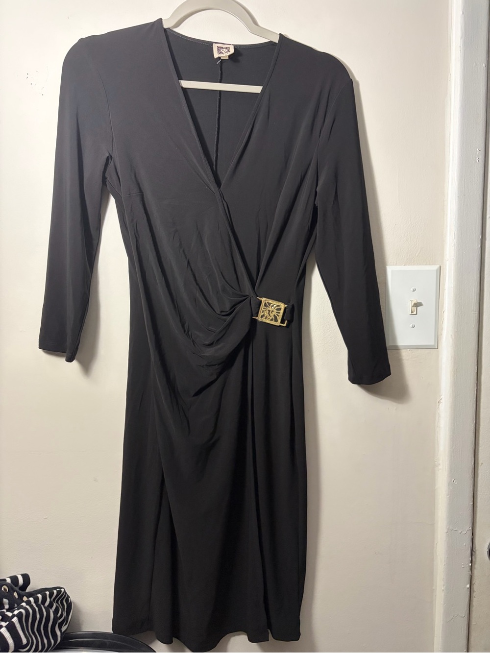 Anne Klein wrap style dress with gold buckle